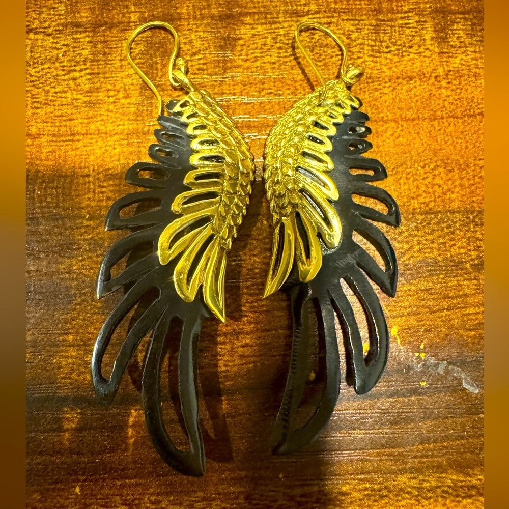 Angel Wing Earrings:  Black & Goldtone 2.5 inches  NWOT
